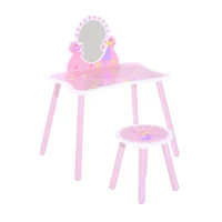 HOMCOM Coiffeuse Enfant - Tabouret Inclus - Table de Maquillage dim. 59L x 39l x 77H cm - Motifs fées, Papillons, Fleurs - Bois de pin, MDF - Rose Blanc(m-11)