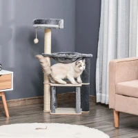 PawHut Cat Tree for Indoor Cats 95cm Climbing Tower Kitten Activity Center with Sisal Scratching Post Perch Roomy Condo Hammock, Grey(m-9)