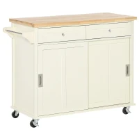 HOMCOM Carrito de Cocina Multifuncional con Ruedas 2 Puertas Correderas 2 Cajones y Barra de Colgar 110x49,5x89,5 cm Crema(m-1)
