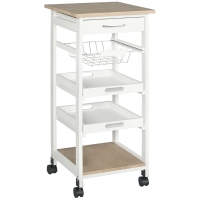 HOMCOM Carrello da Cucina Salvaspazio in Legno di Pino e MDF, Carrello Portaoggetti con Cassetto, Cestello, 2 Vassoi e 4 Ruote Universale, 37x37x82cm, Bianco