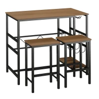 HOMCOM Bartisch-Set, Stehtisch mit 2 Barhockern, 3-teiliges Tischset Küchentresen mit Flaschenhalterung Spanplatte, Stahl, Natur+Schwarz, 108 x 60x 95H cm(m-1)