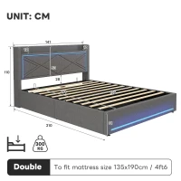 Double Upholstered Bed Frame with Hydraulic Storage, LED Lighting, USB and Type-C Charging Station, 210L x 141W x 110H cm, Grey(m-3)
