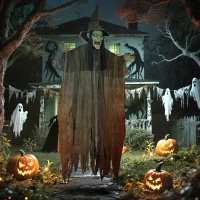 Outsunny 170 cm Life Size Hanging Halloween Animated Witch with Glowing LED Eyes, Spooky Witch Scary Halloween Decorations, Battery Operated, Indoor Party Props(m-2)