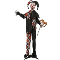 Outsunny 183 cm Life Size Halloween Animated Clown & Skull Staff with Red Light Up Eyes, Sound Activated Moving Arms & Head, Scary Clown Halloween Decorations, Battery Operated, Indoor Party Props(m-1)