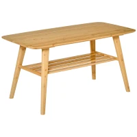 HOMCOM Couchtisch Beistelltisch Bambustisch Tisch Wohnzimmertisch Kaffeetisch mit Regal minimalistisch stabil Bambus Naturholz 100x50x50 cm(m-1)