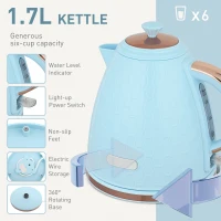 HOMCOM Kettle and Toaster Set, 1.7L 3000W Fast Boil Jug Kettle, 4 Slice Toaster with 7 Level Browning Controls, Light Blue(m-4)