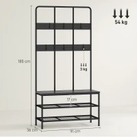 HOMCOM 3-in-1 Garderobe, Kleiderhaken, Zitbank, Schoenplank, Metaal, Spaanplaat, Zwart(m-3)
