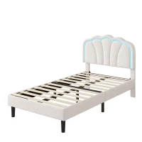 Single Upholstered Bed Frame with Adjustable Shell Headboard and RGB LED, Velvet Fabric and Solid Wood Slat, 194L x 94W x 111H cm, White(m-10)