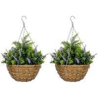 Outsunny Set 2 Piante Finte di Lavanda con Vaso e Gancio, in PE e Vimini, Ø25x34 cm, Verde e Viola
