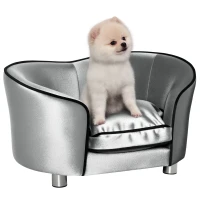 PawHut Dog Sofa Pet Chair, Kitten Bed Couch w/ Wooden Frame, Removable Cushion - Silver-Tone and Grey(m-10)