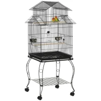 PawHut Gaiola para Pássaros com Rodas Bandeja Amovível Portas Comedouro Poleiro e Prateleira Inferior 50x49x137 cm Preto(m-10)