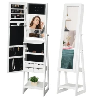 HOMCOM Jewellery Cabinet, Standing Mirror with LED Lights, Full-Length Mirror with Storage Drawers, Hooks and Shelves, Make-Up Armoire, Jewellery Organiser for Bedroom, White(m-10)