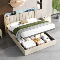 Double Upholstered Bed Frame with Hydraulic Storage, LED Headboard with USB and Type-C Charging Ports, 214L x 150W x 110H cm, Beige(m-1)