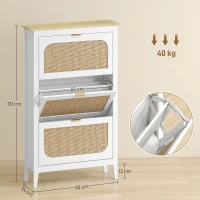 HOMCOM Schuhschrank für 21 Paar im Bohème-Stil mit 3 klappbaren Schubladen, Rattantüren, 80 x 24 x 131 cm, Weiß(m-3)