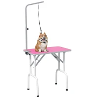 PawHut 32" Foldable Dog Grooming Table Pet Drying Beauty Table Adjustable Fixed Arm Rubber Top, Pink(m-10)