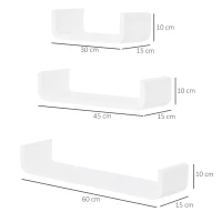 HOMCOM Set of 3 Wall Shelf, U Shape Floating Shelves, Wall Mounted Shelves for Bedroom, Living Room, White(m-3)