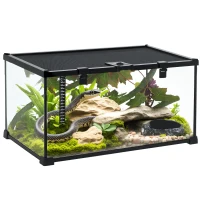 PawHut Glass Reptile Terrarium with Decor Kit, Breeding Tank with Thermometer for Small Animals, 50 x 30 x 25cm, Heated - Black(m-10)