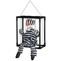 Outsunny Halloween Animated Hinging Skeleton Prisoner in Cage with Glowing LED Eyes, Spooky Skeleton Scary Halloween Decorations, Battery Operated, Indoor Party Props(m-11)