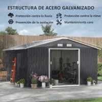 Outsunny Cobertizo de Jardín 12,4 m² 340x386x200 cm con 2 Puertas Corredizas Base Refuerzo (Suelo NO Incluido) Gris Oscuro(m-4)