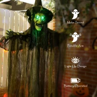 Outsunny 170 cm Life Size Hanging Halloween Animated Witch with Glowing LED Eyes, Spooky Witch Scary Halloween Decorations, Battery Operated, Indoor Party Props(m-6)