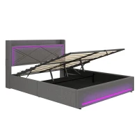 Double Upholstered Bed Frame with Hydraulic Storage, LED Lighting, USB and Type-C Charging Station, 210L x 141W x 110H cm, Grey(m-10)