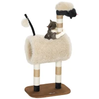 PawHut Albero Tiragraffi con Design pecora nera, con tiragraffi, tunnel e giocattolo, 98 cm, marrone chiaro(m-1)