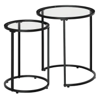 HOMCOM Juego de 2 Mesitas Auxiliares Anidadas con Estructura de Metal y Encimera de Cristal Ø50x58 cm y Ø37x51 cm Negro(m-10)