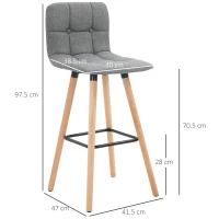 HOMCOM Bar stool Set of 2,  Counter Height Bar Chairs, Armless Kitchen Stool with Wood Legs and Footrest, Grey(m-3)