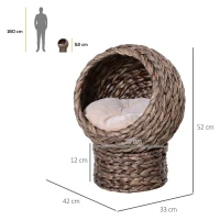PawHut Elevated Kitten Hooded Rattan Cat House Basket Cushion, 42x33x52cm Brown(m-3)