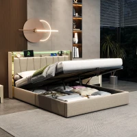 Double Upholstered Bed Frame with Hydraulic Storage, LED Headboard with USB and Type-C Charging Ports, 214L x 150W x 110H cm, Beige(m-8)