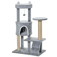 PawHut 100 cm Cat Tree, Cat Condo Tree Tower for Indoor Cats, Cat Activity Centre with Scratching Posts, Plush Perch, Ladder, Hanging Ball - Light Grey(m-1)