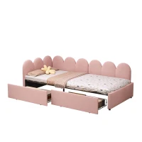 Single Velvet Daybed with Two Storage Drawers, Modern Youth Bed Frame with Wooden Slats, Easy Assembly, 202L x 97W x 73H cm, Pink(m-12)