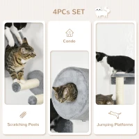 PawHut 4PCs Wall-Mounted Cat Tree, with Steps, Perch, Cat House - Grey(m-5)