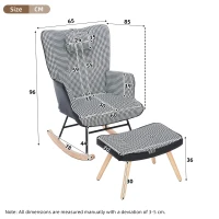 Fabric Rocking Chair with Solid Wood Legs, High Back Recliner with Footstool and Neck Pillow, 85L x 65W x 96H cm, White+Black(m-3)