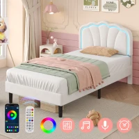 Single Upholstered Bed Frame with Adjustable Shell Headboard and RGB LED, Velvet Fabric and Solid Wood Slat, 194L x 94W x 111H cm, White(m-7)