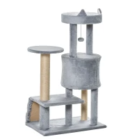 PawHut 100 cm Cat Tree, Cat Condo Tree Tower for Indoor Cats, Cat Activity Centre with Scratching Posts, Plush Perch, Ladder, Hanging Ball - Light Grey(m-9)
