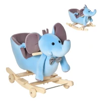 HOMCOM 2 In 1 Plush Baby Ride on Rocking Horse Elephant Rocker with Wheels Wooden Toy for Kids 32 Songs for 18+ Months (Blue)(m-10)