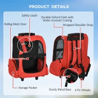 PawHut Pet Travel Backpack Bag Cat Puppy Dog Carrier w/ Trolley and Telescopic Handle Portable Stroller Wheel Luggage Bag (Red)(m-6)