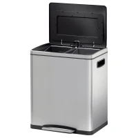 HOMCOM Poubelle de cuisine 2 compartiments de 2 x 15L, avec pédale, en acier inoxydable, couvercle à fermeture douce(m-11)