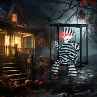 Outsunny Halloween Animated Hinging Skeleton Prisoner in Cage with Glowing LED Eyes, Spooky Skeleton Scary Halloween Decorations, Battery Operated, Indoor Party Props(m-8)