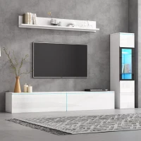 High Gloss TV Wall Unit Set with LED Lighting, Handleless Design, Includes TV Cabinet, Display Cabinet, Hanging Shelf, 457L x 84W x 76H cm, White(m-9)