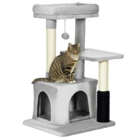 PawHut Arranhador para Gatos Médios com Casa Plataforma Bola Brinquedo Arranhador e Postes de Sisal 48x48x85 cm Cinza(m-10)