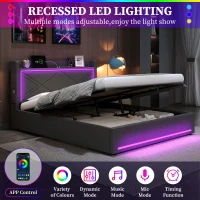 Double Upholstered Bed Frame with Hydraulic Storage, LED Lighting, USB and Type-C Charging Station, 210L x 141W x 110H cm, Grey(m-4)