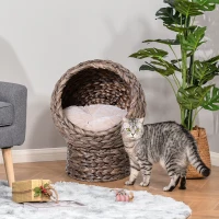 PawHut Elevated Kitten Hooded Rattan Cat House Basket Cushion, 42x33x52cm Brown(m-2)