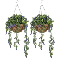 HOMCOM Set of 2 Decorative Artificial Plants, Faux Silk Lavender Flowers in Hanging Baskets, Fake Plants for Home Indoor Outdoor Decor, Purple(m-1)