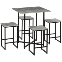 HOMCOM 5pc Bar Table Set, Square Dining Table Set for 4 People, Home Kitchen Breakfast Bar Set with Steel Frame and Footrest, Concrete Grey(m-10)