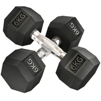 HOMCOM hexagon dumbbells set van 2 gietijzeren dumbbells handvat gekartelde dumbbell set dumbbell set gewichten metaal rubber zwart 2 x 6 KG(m-1)