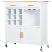 HOMCOM Rolling Kitchen Cart, Kitchen island with 9-bottle Wine Rack, Glass Holder, Serving Trolley with Wood Top, Drawer and Cabinet, White(m-11)