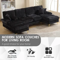 U-Shaped Modular Sofa with Pillows, Double Chaise, Rubber Pads, Chenille Fabric Sectional Couch for Living Room, 272L x 136W x 88H cm, Black(m-4)