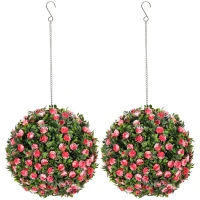 HOMCOM Set of 2 Decorative Artificial Plants, UV-protected Artificial Plant Topiary Rose Balls, Fake Plants for Home Indoor outdoor Decor, 28cm, Pink(m-1)